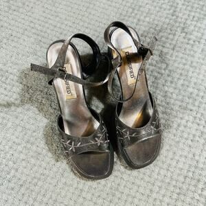 vintage y2k square toe silver beaded strappy chunky platform heels 7.5